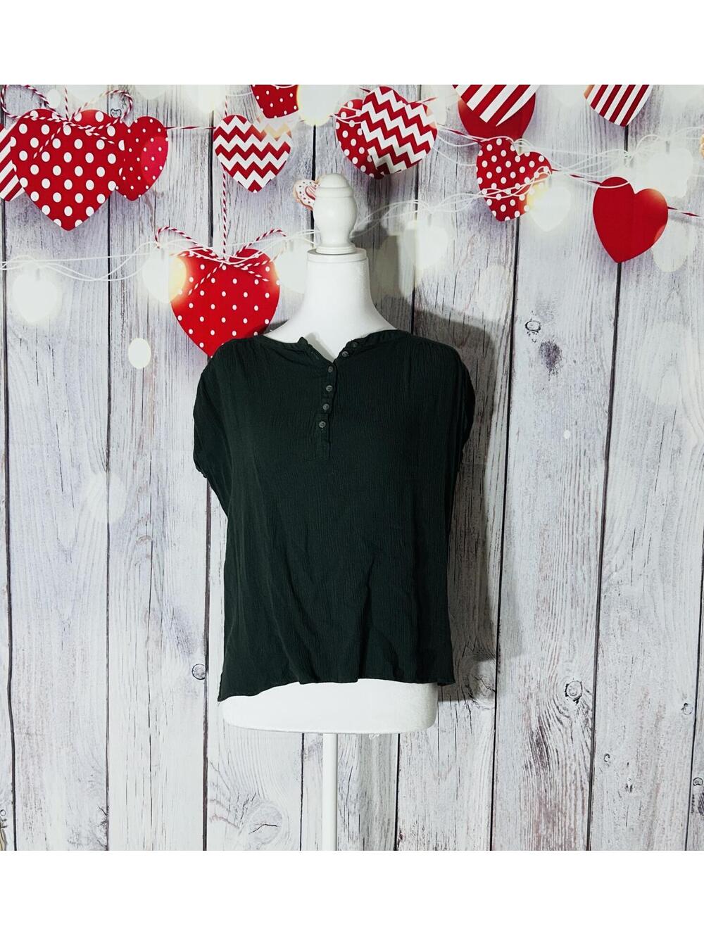 LOFT Dark Olive Green Crinkle Gauze Henley Blouse Cap Sleeve Womens Size Small